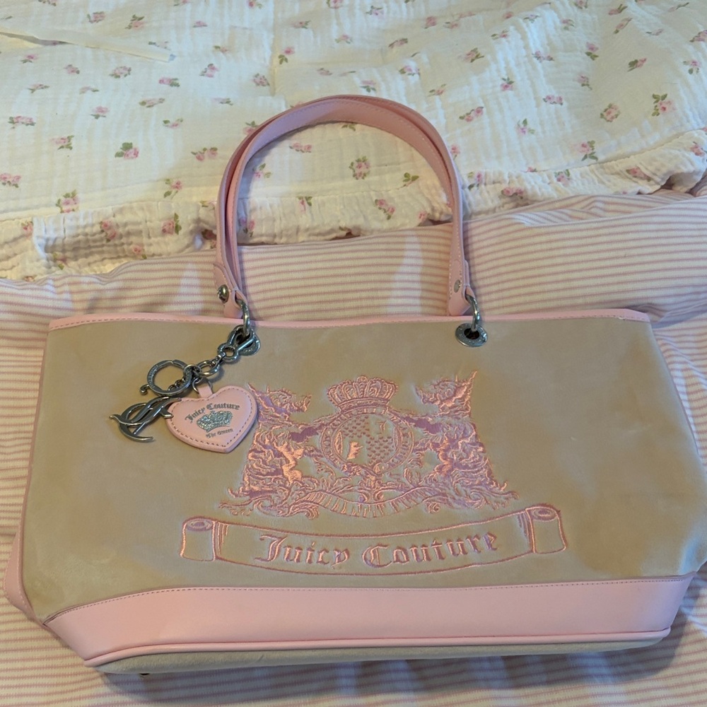 Juicy Couture Beige and Pink Embroidered Suede Tote
